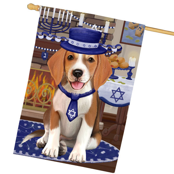 Happy Hanukkah American English Foxhound Dog House Flag Outdoor Decorative Double Sided Pet Portrait Weather Resistant Premium Quality Animal Printed Home Decorative Flags 100% Polyester