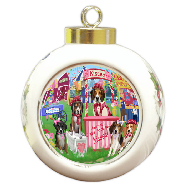 Carnival Kissing Booth American English Foxhound Dogs Round Ball Christmas Ornament Pet Decorative Hanging Ornaments for Christmas X-mas Tree Decorations - 3" Round Ceramic Ornament