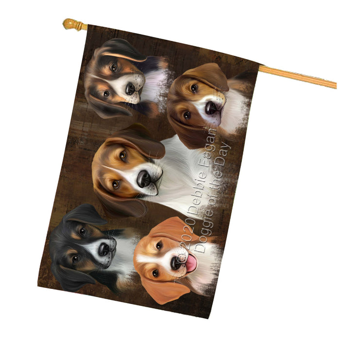 Rustic 5 Heads American English Foxhound Dogs House Flag Outdoor Decorative Double Sided Pet Portrait Weather Resistant Premium Quality Animal Printed Home Decorative Flags 100% Polyester