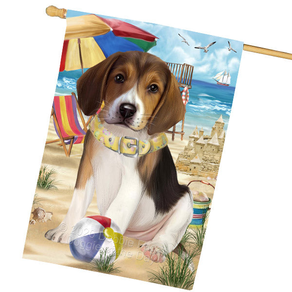 Pet Friendly Beach American English Foxhound Dog House Flag Outdoor Decorative Double Sided Pet Portrait Weather Resistant Premium Quality Animal Printed Home Decorative Flags 100% Polyester FLG68889