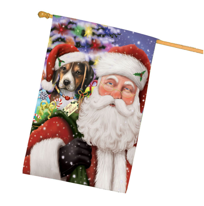 Christmas Santa with Presents and American English Foxhound Dog House Flag Outdoor Decorative Double Sided Pet Portrait Weather Resistant Premium Quality Animal Printed Home Decorative Flags 100% Polyester FLG68038