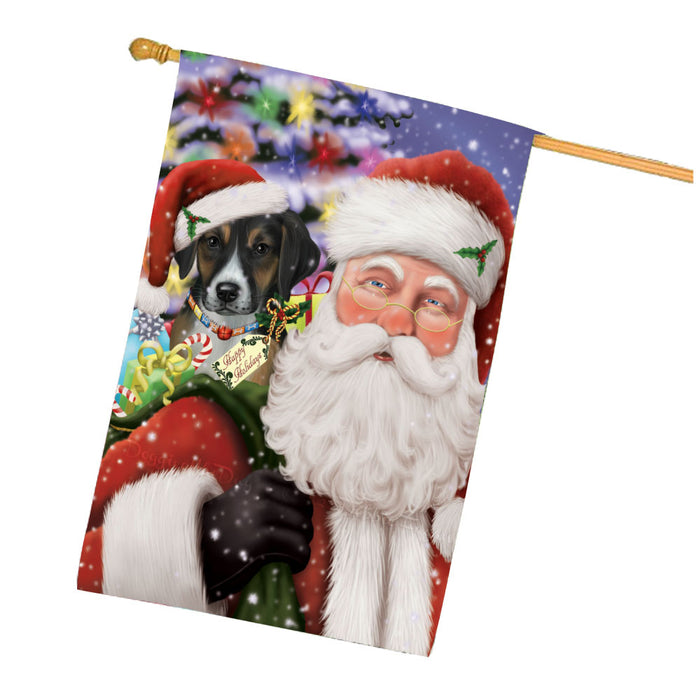 Christmas Santa with Presents and American English Foxhound Dog House Flag Outdoor Decorative Double Sided Pet Portrait Weather Resistant Premium Quality Animal Printed Home Decorative Flags 100% Polyester FLG68039