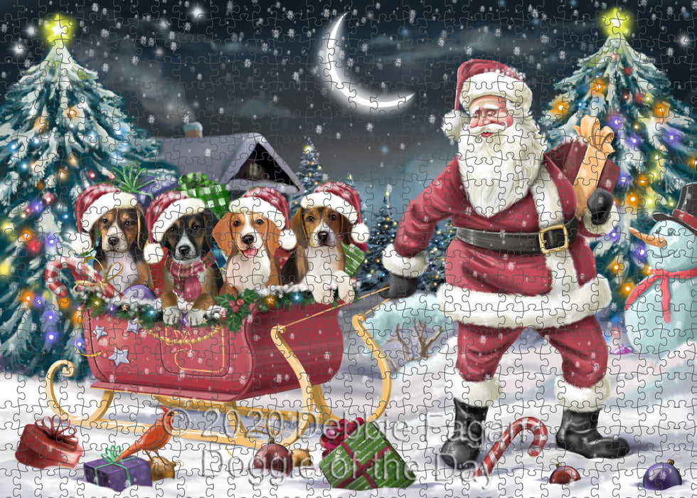 Christmas Santa Sled American English Foxhound Dogs Portrait Jigsaw Puzzle for Adults Animal Interlocking Puzzle Game Unique Gift for Dog Lover's with Metal Tin Box