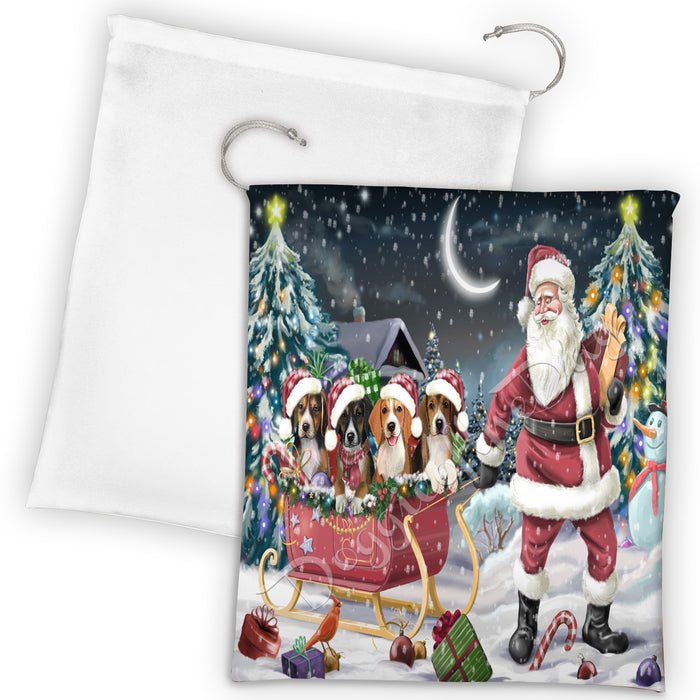 Santa Sled Dogs Christmas Happy Holidays American English Foxhound Dogs Drawstring Laundry or Gift Bag LGB48659