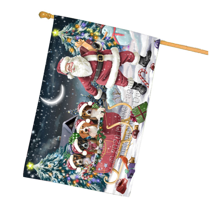 Christmas Santa Sled American English Foxhound Dogs House Flag Outdoor Decorative Double Sided Pet Portrait Weather Resistant Premium Quality Animal Printed Home Decorative Flags 100% Polyester