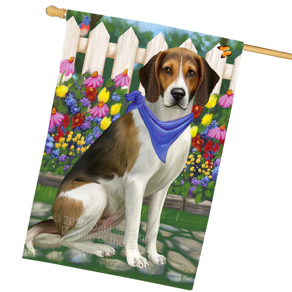Spring Floral American English Foxhound Dog House Flag Outdoor Decorative Double Sided Pet Portrait Weather Resistant Premium Quality Animal Printed Home Decorative Flags 100% Polyester FLG69411