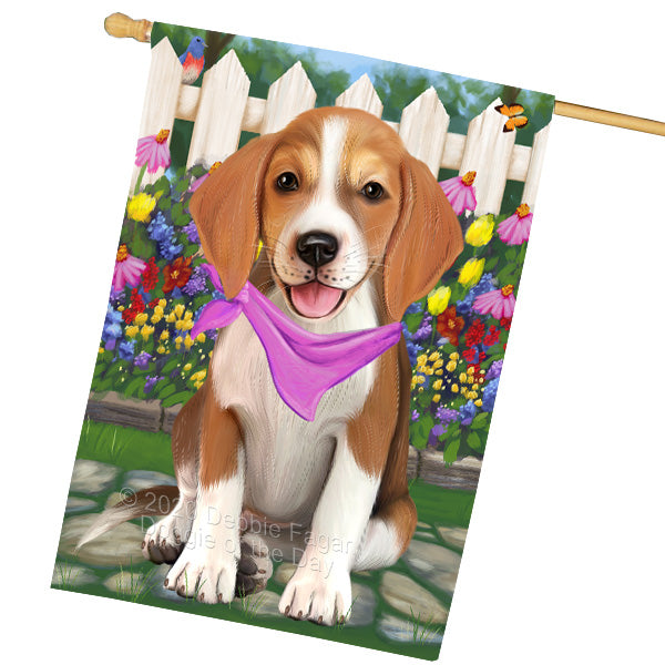 Spring Floral American English Foxhound Dog House Flag Outdoor Decorative Double Sided Pet Portrait Weather Resistant Premium Quality Animal Printed Home Decorative Flags 100% Polyester FLG69412