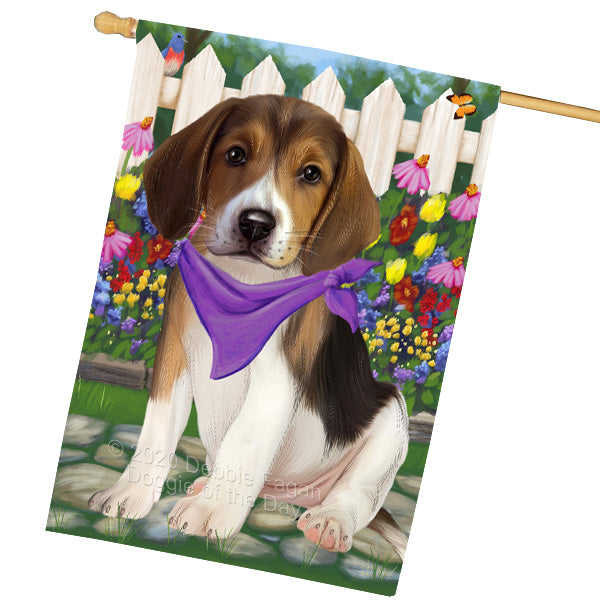 Spring Floral American English Foxhound Dog House Flag Outdoor Decorative Double Sided Pet Portrait Weather Resistant Premium Quality Animal Printed Home Decorative Flags 100% Polyester FLG69413