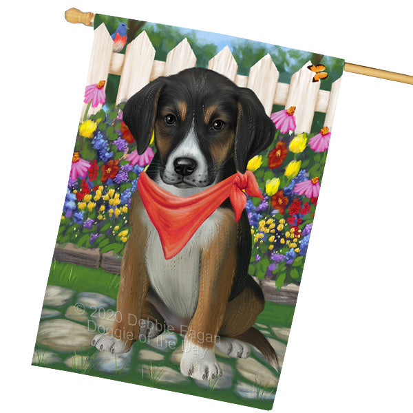 Spring Floral American English Foxhound Dog House Flag Outdoor Decorative Double Sided Pet Portrait Weather Resistant Premium Quality Animal Printed Home Decorative Flags 100% Polyester FLG69414