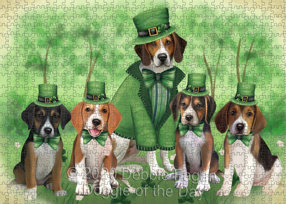 St. Patrick's Day Family American English Foxhound Dogs Portrait Jigsaw Puzzle for Adults Animal Interlocking Puzzle Game Unique Gift for Dog Lover's with Metal Tin Box