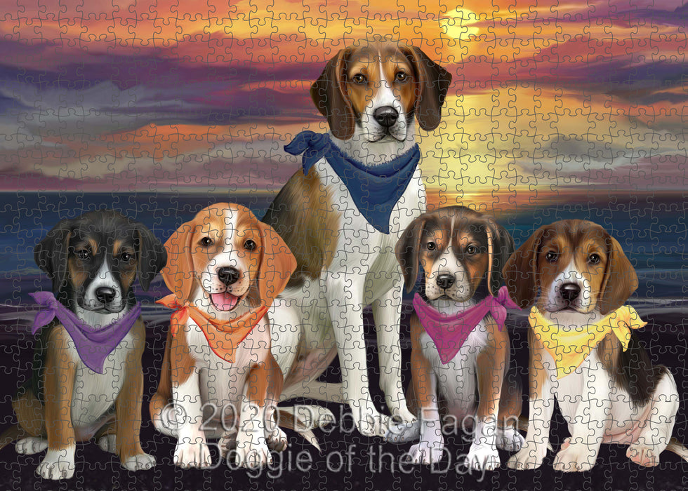 Family Sunset Portrait American English Foxhound Dogs Portrait Jigsaw Puzzle for Adults Animal Interlocking Puzzle Game Unique Gift for Dog Lover's with Metal Tin Box