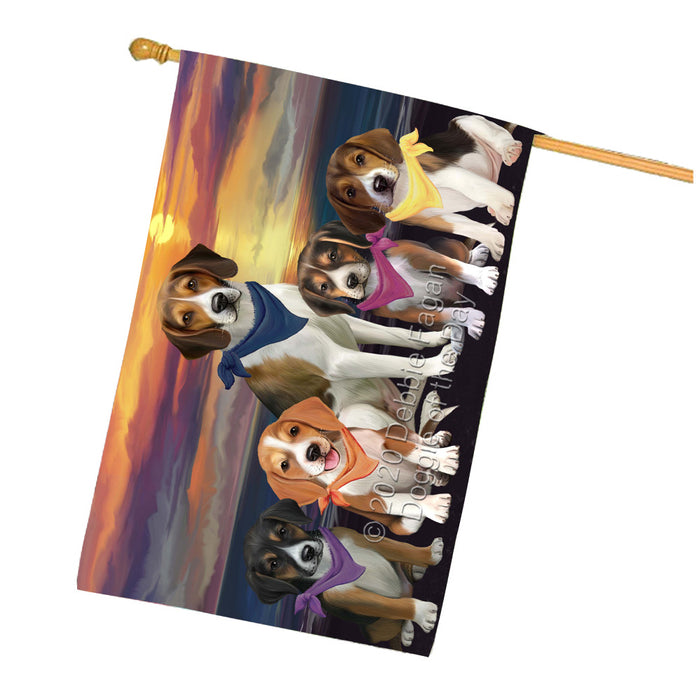 Family Sunset Portrait American English Foxhound Dogs House Flag Outdoor Decorative Double Sided Pet Portrait Weather Resistant Premium Quality Animal Printed Home Decorative Flags 100% Polyester