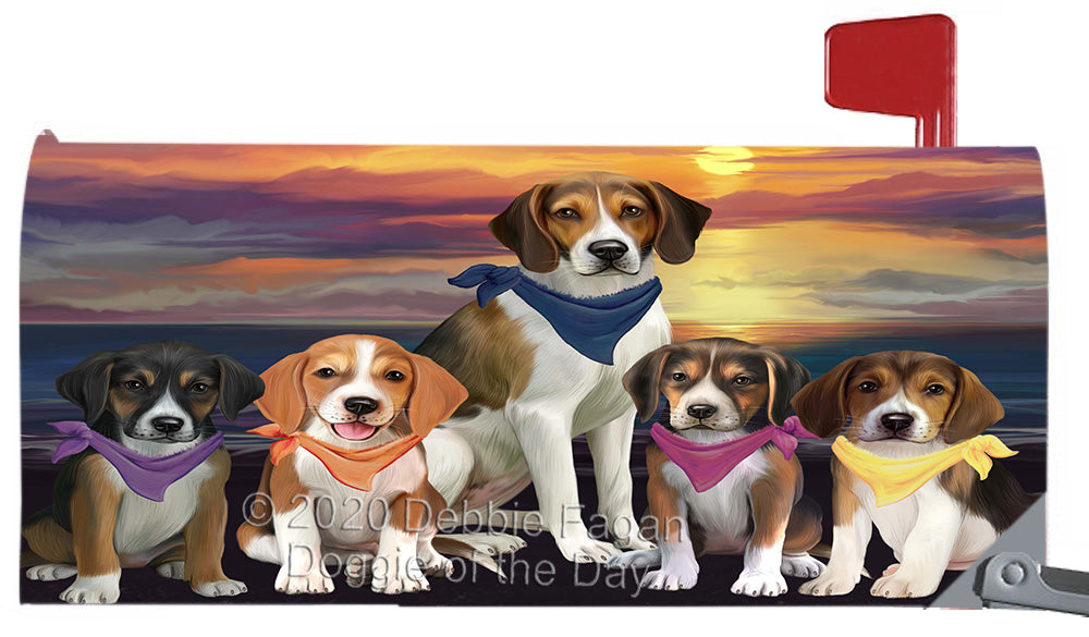 Family Sunset Portrait American English Foxhound Dogs Magnetic Mailbox Cover Both Sides Pet Theme Printed Decorative Letter Box Wrap Case Postbox Thick Magnetic Vinyl Material