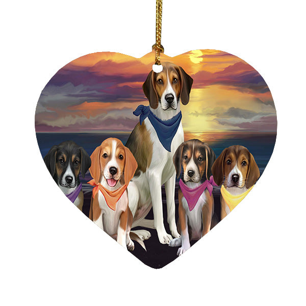 Family Sunset Portrait American English Foxhound Dogs Heart Christmas Ornament HPORA59230