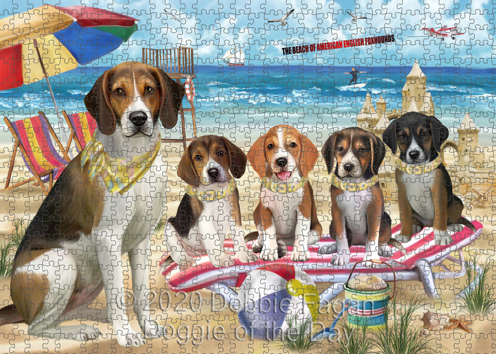Pet Friendly Beach American English Foxhound Dogs Portrait Jigsaw Puzzle for Adults Animal Interlocking Puzzle Game Unique Gift for Dog Lover's with Metal Tin Box