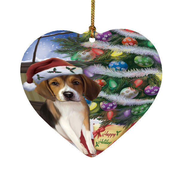 Christmas Tree and Presents American English Foxhound Dog Heart Christmas Ornament HPORA59071