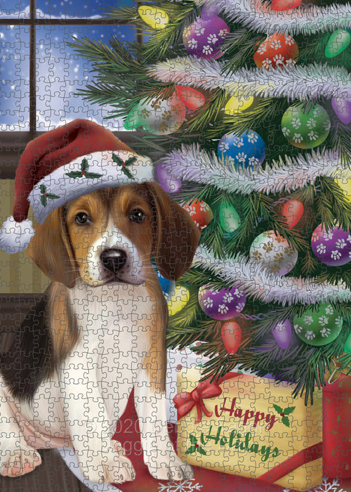 Christmas Tree and Presents American English Foxhound Dog Portrait Jigsaw Puzzle for Adults Animal Interlocking Puzzle Game Unique Gift for Dog Lover's with Metal Tin Box PZL619
