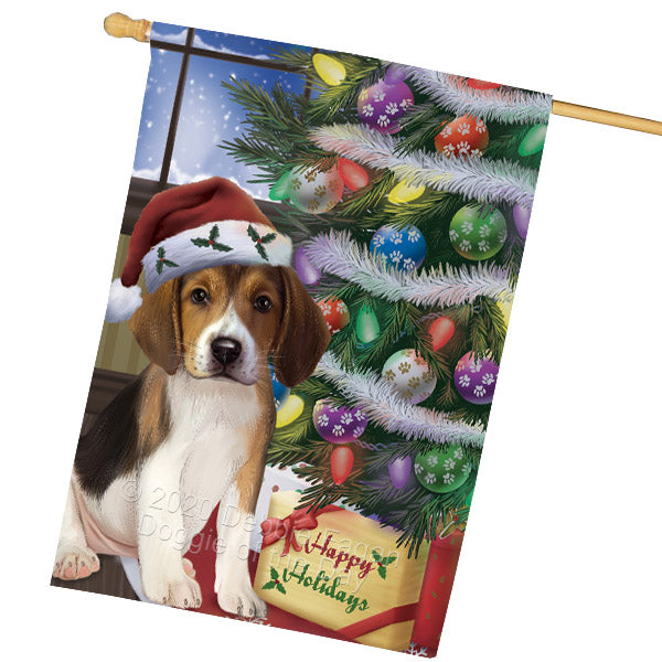 Christmas Tree and Presents American English Foxhound Dog House Flag Outdoor Decorative Double Sided Pet Portrait Weather Resistant Premium Quality Animal Printed Home Decorative Flags 100% Polyester FLG69152