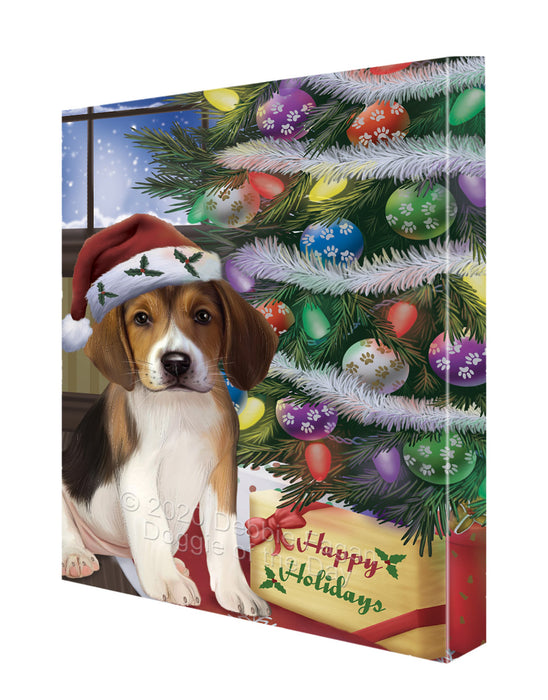 Christmas Tree and Presents American English Foxhound Dog Canvas Wall Art - Premium Quality Ready to Hang Room Decor Wall Art Canvas - Unique Animal Printed Digital Painting for Decoration CVS324