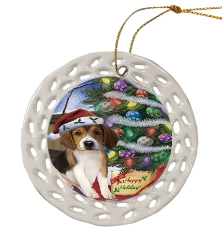 Christmas Tree and Presents American English Foxhound Dog Doily Ornament DPOR58722