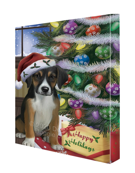 Christmas Tree and Presents American English Foxhound Dog Canvas Wall Art - Premium Quality Ready to Hang Room Decor Wall Art Canvas - Unique Animal Printed Digital Painting for Decoration CVS325