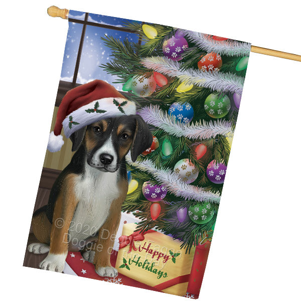 Christmas Tree and Presents American English Foxhound Dog House Flag Outdoor Decorative Double Sided Pet Portrait Weather Resistant Premium Quality Animal Printed Home Decorative Flags 100% Polyester FLG69153