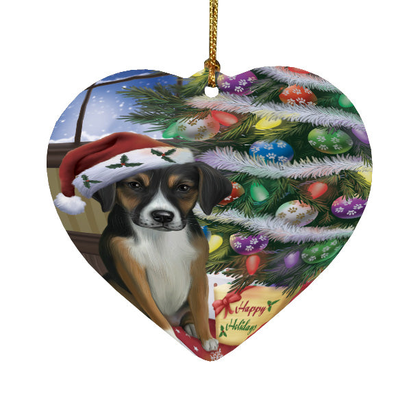 Christmas Tree and Presents American English Foxhound Dog Heart Christmas Ornament HPORA59072