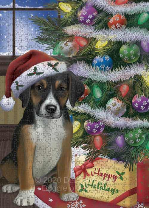 Christmas Tree and Presents American English Foxhound Dog Portrait Jigsaw Puzzle for Adults Animal Interlocking Puzzle Game Unique Gift for Dog Lover's with Metal Tin Box PZL620