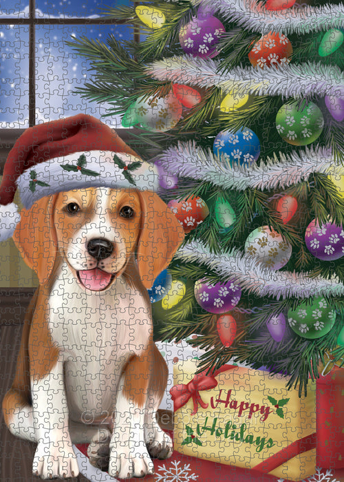 Christmas Tree and Presents American English Foxhound Dog Portrait Jigsaw Puzzle for Adults Animal Interlocking Puzzle Game Unique Gift for Dog Lover's with Metal Tin Box PZL621