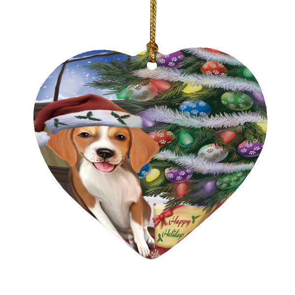 Christmas Tree and Presents American English Foxhound Dog Heart Christmas Ornament HPORA59073