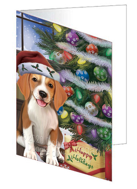 Christmas Tree and Presents American English Foxhound Dog Handmade Artwork Assorted Pets Greeting Cards and Note Cards with Envelopes for All Occasions and Holiday Seasons