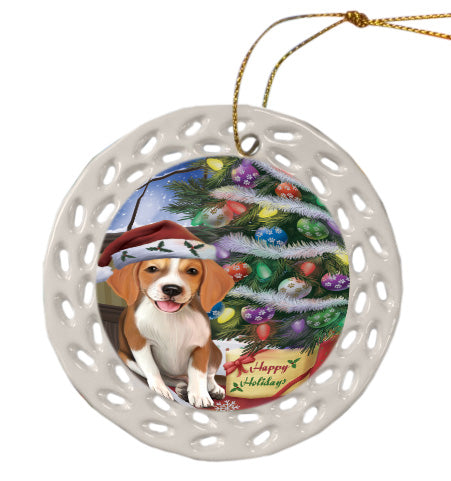 Christmas Tree and Presents American English Foxhound Dog Doily Ornament DPOR58724