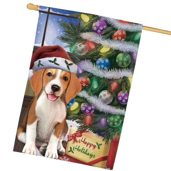 Christmas Tree and Presents American English Foxhound Dog House Flag Outdoor Decorative Double Sided Pet Portrait Weather Resistant Premium Quality Animal Printed Home Decorative Flags 100% Polyester FLG69154