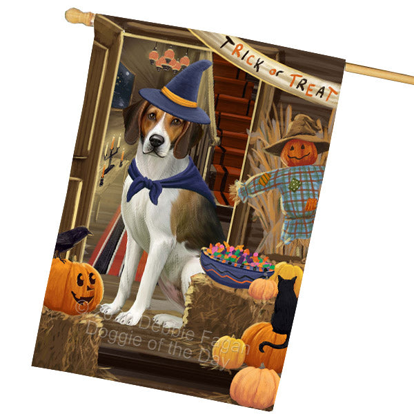 Enter at Your Own Risk Halloween Trick or Treat American English Foxhound Dogs House Flag Outdoor Decorative Double Sided Pet Portrait Weather Resistant Premium Quality Animal Printed Home Decorative Flags 100% Polyester FLG69035