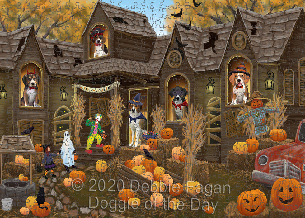 Haunted House Halloween Trick or Treat American English Foxhound Dogs Portrait Jigsaw Puzzle for Adults Animal Interlocking Puzzle Game Unique Gift for Dog Lover's with Metal Tin Box