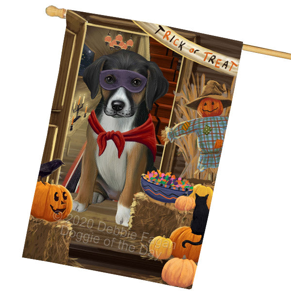 Enter at Your Own Risk Halloween Trick or Treat American English Foxhound Dogs House Flag Outdoor Decorative Double Sided Pet Portrait Weather Resistant Premium Quality Animal Printed Home Decorative Flags 100% Polyester FLG69039