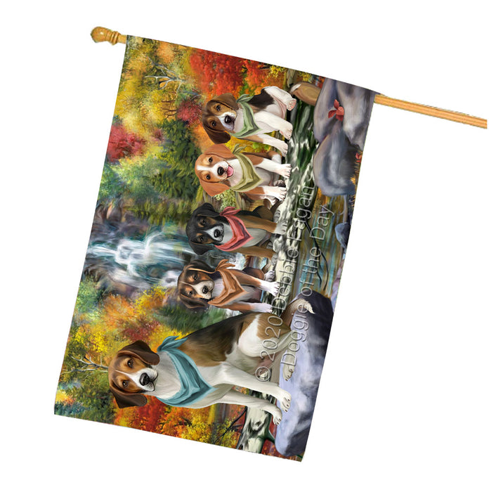 Scenic Waterfall American English Foxhound Dogs House Flag Outdoor Decorative Double Sided Pet Portrait Weather Resistant Premium Quality Animal Printed Home Decorative Flags 100% Polyester