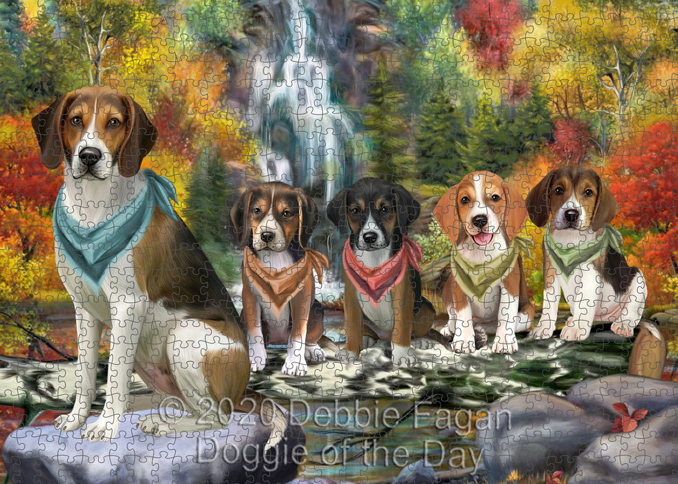 Scenic Waterfall American English Foxhound Dogs Portrait Jigsaw Puzzle for Adults Animal Interlocking Puzzle Game Unique Gift for Dog Lover's with Metal Tin Box