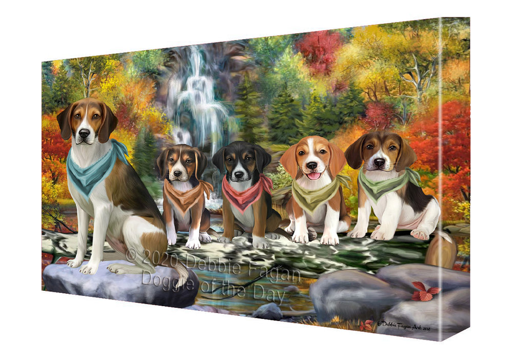 Scenic Waterfall American English Foxhound Dogs Canvas Wall Art - Premium Quality Ready to Hang Room Decor Wall Art Canvas - Unique Animal Printed Digital Painting for Decoration