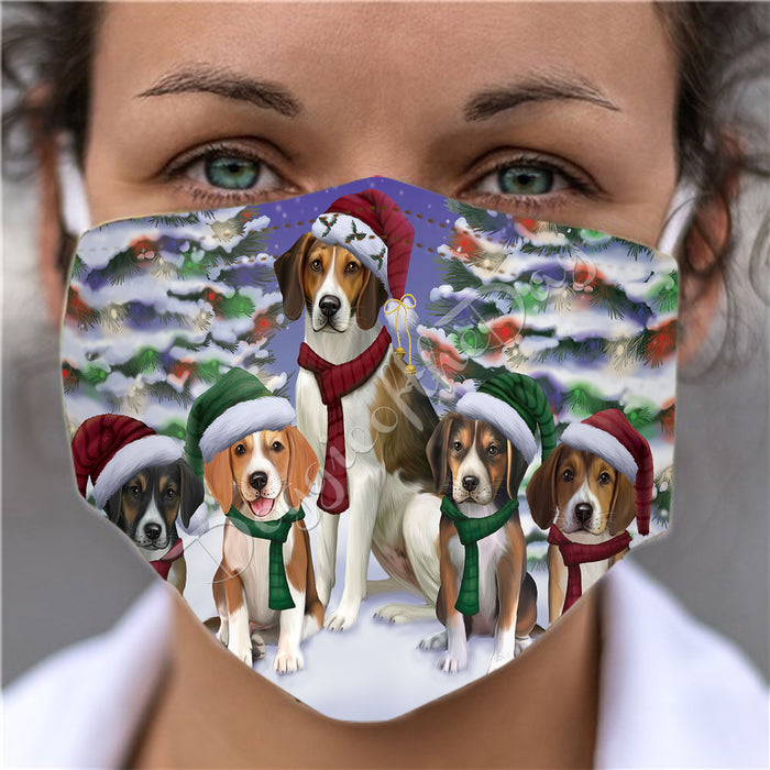 American English Foxhound Dogs Christmas Family Portrait in Holiday Scenic Background Face Mask FM48305
