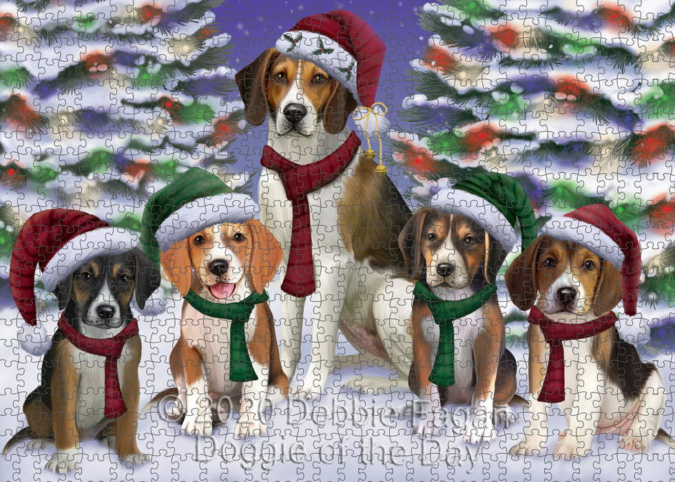 Christmas Happy Holidays American English Foxhound Dogs Family Portrait Portrait Jigsaw Puzzle for Adults Animal Interlocking Puzzle Game Unique Gift for Dog Lover's with Metal Tin Box