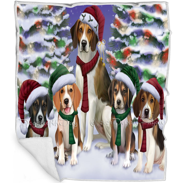 American English Foxhound Dogs Christmas Family Portrait in Holiday Scenic Background Blanket BLNKT143263