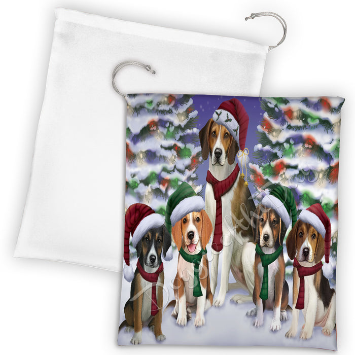 American English Foxhound Dogs Christmas Family Portrait in Holiday Scenic Background Drawstring Laundry or Gift Bag LGB48103