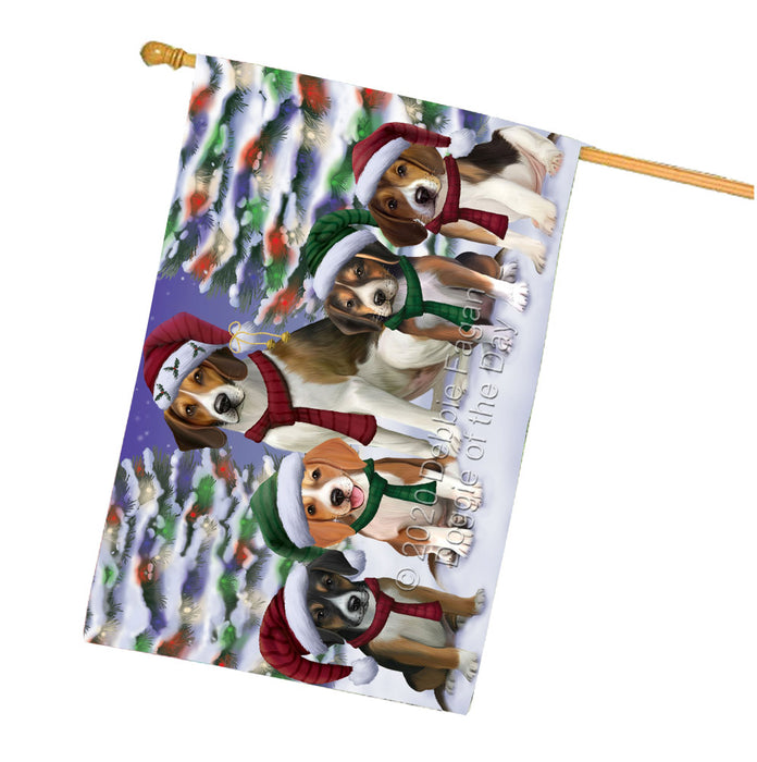 Christmas Happy Holidays American English Foxhound Dogs Family Portrait House Flag Outdoor Decorative Double Sided Pet Portrait Weather Resistant Premium Quality Animal Printed Home Decorative Flags 100% Polyester