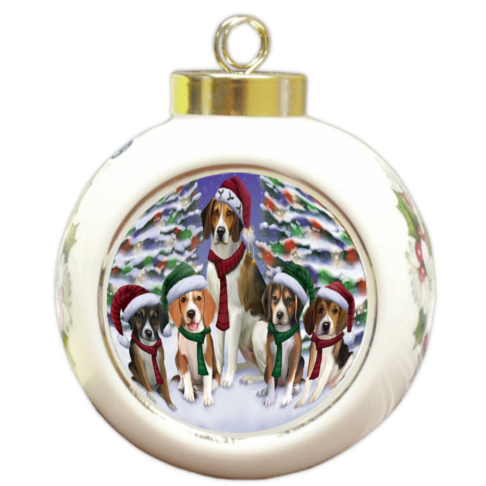 Christmas Happy Holidays American English Foxhound Dogs Family Portrait Round Ball Christmas Ornament Pet Decorative Hanging Ornaments for Christmas X-mas Tree Decorations - 3" Round Ceramic Ornament