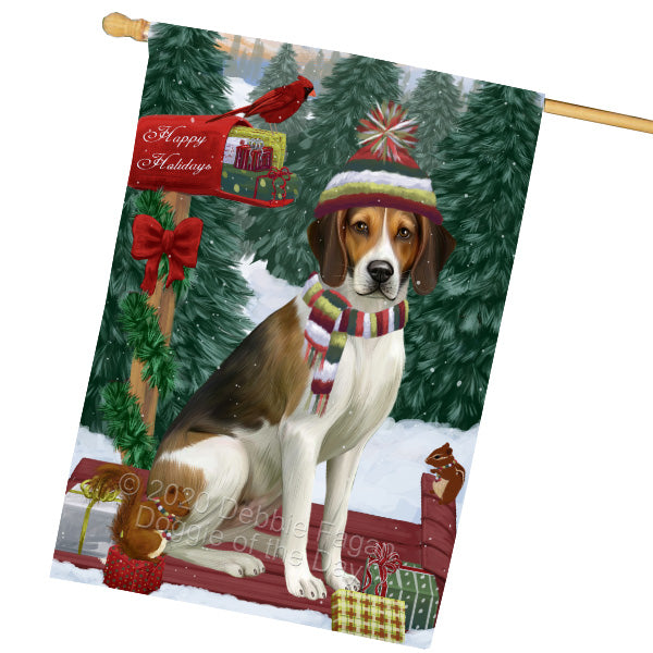 Christmas Woodland Sled American English Foxhound Dog House Flag Outdoor Decorative Double Sided Pet Portrait Weather Resistant Premium Quality Animal Printed Home Decorative Flags 100% Polyester FLG69512