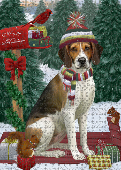 Christmas Woodland Sled American English Foxhound Dog Portrait Jigsaw Puzzle for Adults Animal Interlocking Puzzle Game Unique Gift for Dog Lover's with Metal Tin Box PZL835