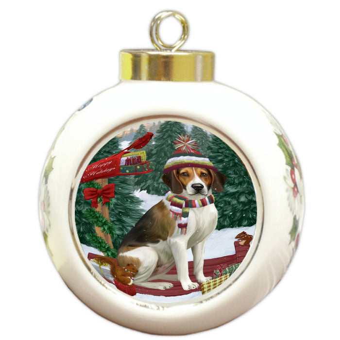Christmas Woodland Sled American English Foxhound Dog Round Ball Christmas Ornament Pet Decorative Hanging Ornaments for Christmas X-mas Tree Decorations - 3" Round Ceramic Ornament, RBPOR59586