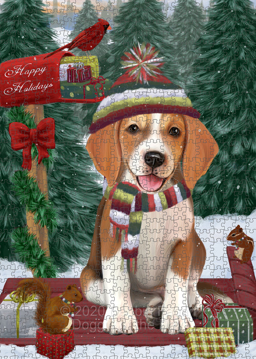 Christmas Woodland Sled American English Foxhound Dog Portrait Jigsaw Puzzle for Adults Animal Interlocking Puzzle Game Unique Gift for Dog Lover's with Metal Tin Box PZL836