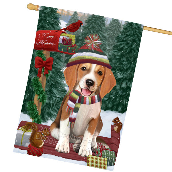Christmas Woodland Sled American English Foxhound Dog House Flag Outdoor Decorative Double Sided Pet Portrait Weather Resistant Premium Quality Animal Printed Home Decorative Flags 100% Polyester FLG69513